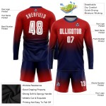 Maillot long rouge à manches longues, uniforme de football personnalisé par sublimation, blanc et bleu marine Maillot long rouge à manches longues, uniforme de football personnalisé par sublimation, blanc et bleu marine