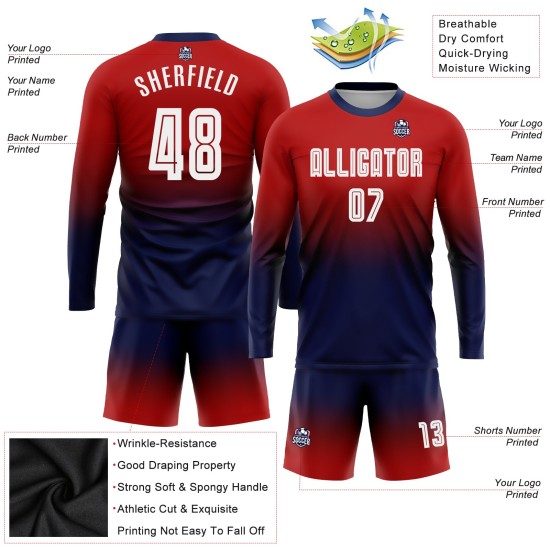 Maillot long rouge à manches longues, uniforme de football personnalisé par sublimation, blanc et bleu marine Maillot long rouge à manches longues, uniforme de football personnalisé par sublimation, blanc et bleu marine