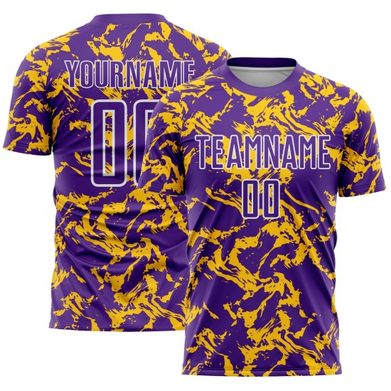 Maillot de football abstrait personnalisé à sublimation fluide violet, maillot or-blanc