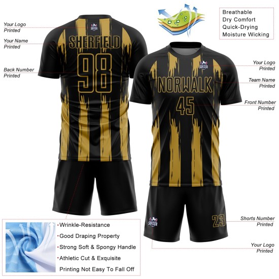 Maillot de football personnalisé à rayures noires et à motif abstrait, sublimation dorée