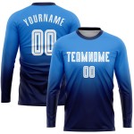 Maillot de football à manches longues bleu, uniforme tendance, poudre personnalisée, sublimation, fondu blanc-bleu marine