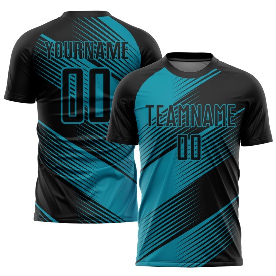 Maillot de football noir uniforme bleu sarcelle personnalisé par sublimation