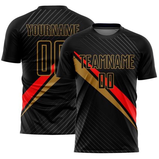 Maillot de football rouge et noir ancien, uniforme diagonal, sublimation personnalisée, or Maillot de football rouge et noir ancien, uniforme diagonal, sublimation personnalisée, or