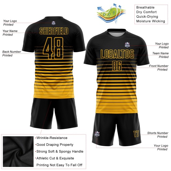Maillot de football doré à rayures noires, uniforme personnalisé par sublimation