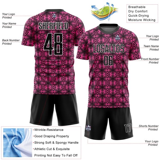 Maillot de football noir et blanc, uniforme géométrique rose, formes personnalisées par sublimation