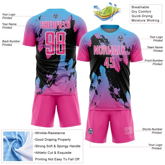 Maillot de football Splash Pink Sublimation Bleu-Noir Personnalisé Sky Uniforme