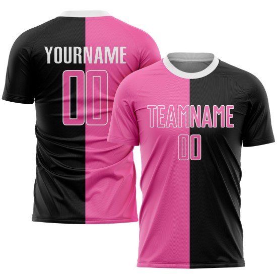 Maillot de football personnalisé à sublimation fendue, noir, rose et blanc Maillot de football personnalisé à sublimation fendue, noir, rose et blanc