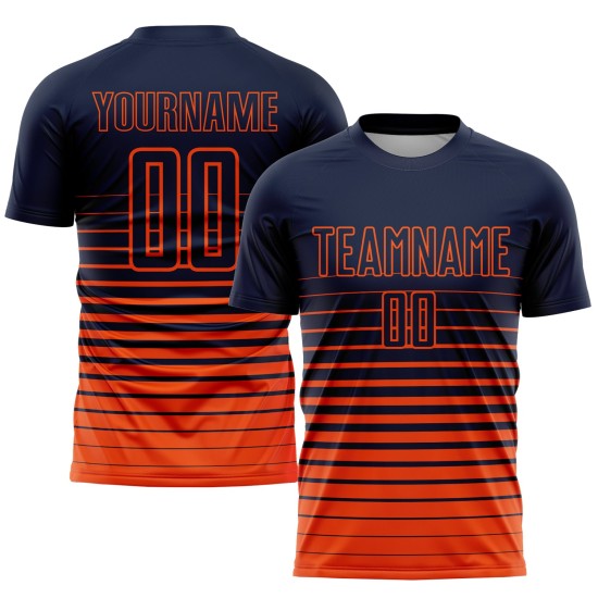 Maillot de football personnalisé à rayures fines, orange, bleu marine, dégradé, sublimation Maillot de football personnalisé à rayures fines, orange, bleu marine, dégradé, sublimation