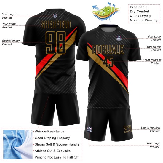 Maillot de football rouge et noir ancien, uniforme diagonal, sublimation personnalisée, or Maillot de football rouge et noir ancien, uniforme diagonal, sublimation personnalisée, or
