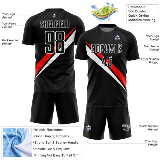 Maillot de football personnalisé à sublimation, lignes diagonales noir, rouge et blanc