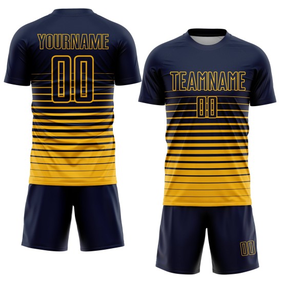 Maillot de football à rayures bleu marine, personnalisé, dégradé doré, uniforme de mode, sublimation
