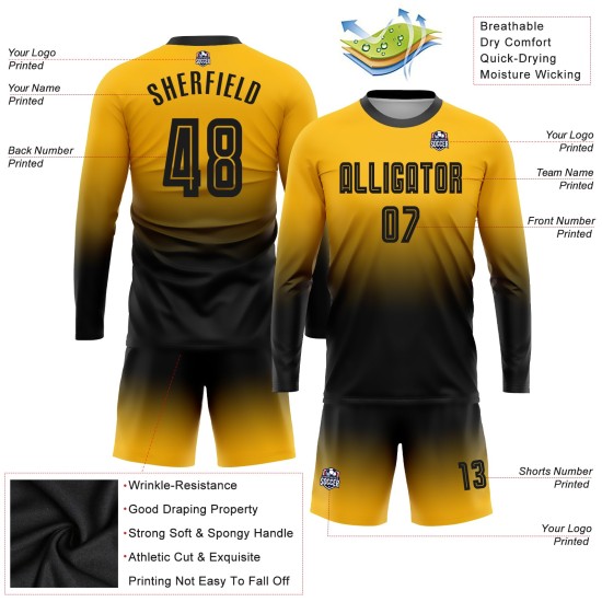Maillot de football personnalisé à manches longues, noir et or, uniforme de mode, fondu, sublimation