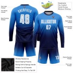 Maillot de football à manches longues bleu, uniforme tendance, poudre personnalisée, sublimation, fondu blanc-bleu marine