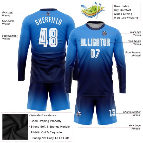 Maillot de football à manches longues bleu, uniforme tendance, poudre personnalisée, sublimation, fondu blanc-bleu marine