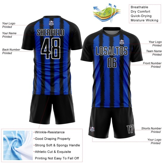 Maillot de football personnalisé par sublimation, noir, bleu et blanc, Thunder