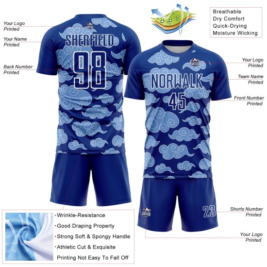 Maillot de football Cloud, modèle uniforme, blanc, sublimation, personnalisé, royal Maillot de football Cloud, modèle uniforme, blanc, sublimation, personnalisé, royal