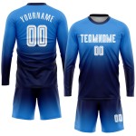 Maillot de football à manches longues bleu, uniforme tendance, poudre personnalisée, sublimation, fondu blanc-bleu marine