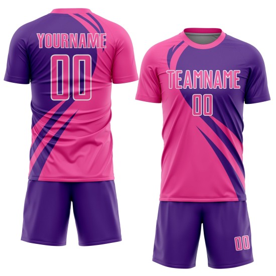 Maillot rose, lignes de sublimation, uniforme de football personnalisé violet-blanc