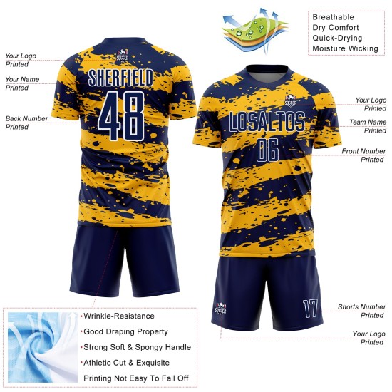 Maillot de football personnalisé bleu marine, or et blanc, sublimation Maillot de football personnalisé bleu marine, or et blanc, sublimation