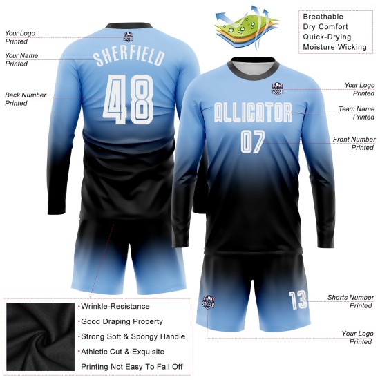 Maillot de football à manches longues, bleu, blanc et noir, à la mode, avec dégradé léger, personnalisé