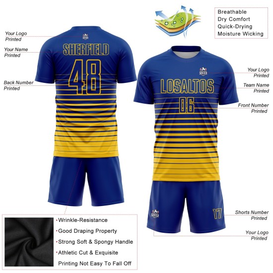 Maillot de football à rayures fines, personnalisé, jaune, dégradé, sublimation, royal Maillot de football à rayures fines, personnalisé, jaune, dégradé, sublimation, royal