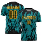 Maillot de football personnalisé à sublimation dorée, noir et bleu sarcelle