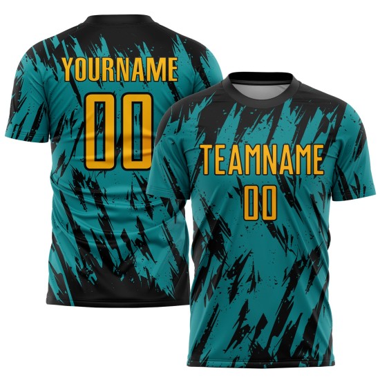 Maillot de football personnalisé à sublimation dorée, noir et bleu sarcelle