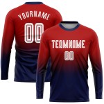 Maillot long rouge à manches longues, uniforme de football personnalisé par sublimation, blanc et bleu marine Maillot long rouge à manches longues, uniforme de football personnalisé par sublimation, blanc et bleu marine
