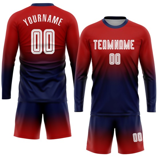 Maillot long rouge à manches longues, uniforme de football personnalisé par sublimation, blanc et bleu marine Maillot long rouge à manches longues, uniforme de football personnalisé par sublimation, blanc et bleu marine
