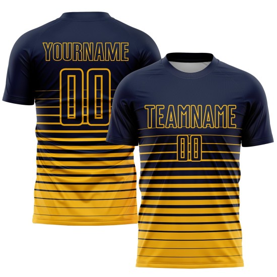Maillot de football à rayures bleu marine, personnalisé, dégradé doré, uniforme de mode, sublimation