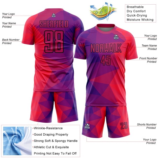 Maillot de football à sublimation géométrique, rouge et noir, violet, personnalisé Maillot de football à sublimation géométrique, rouge et noir, violet, personnalisé