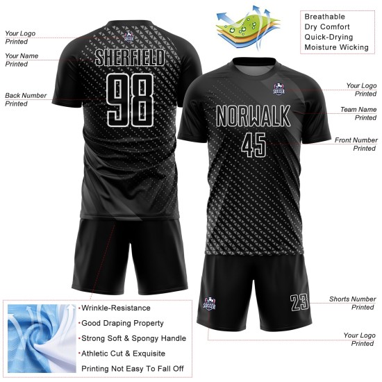 Maillot de football géométrique personnalisé, uniforme de sublimation blanc, noir Maillot de football géométrique personnalisé, uniforme de sublimation blanc, noir