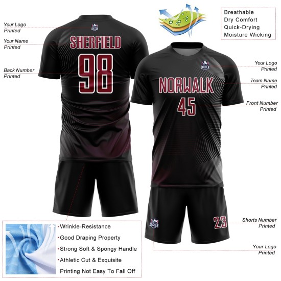 Maillot de football personnalisé à sublimation, blanc cramoisi, lignes géométriques noires