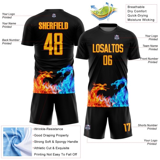 Maillot de football personnalisé noir jaune-orange, uniforme de sublimation Dragon Flame