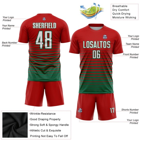 Maillot de football à rayures fines, rouge délavé, sublimation, personnalisé, vert et blanc, Kelly Maillot de football à rayures fines, rouge délavé, sublimation, personnalisé, vert et blanc, Kelly