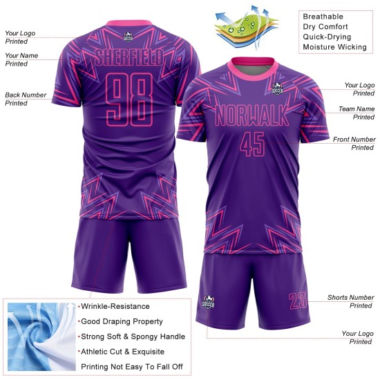 Maillot de football personnalisé par sublimation, uniforme rose, formes géométriques, violet