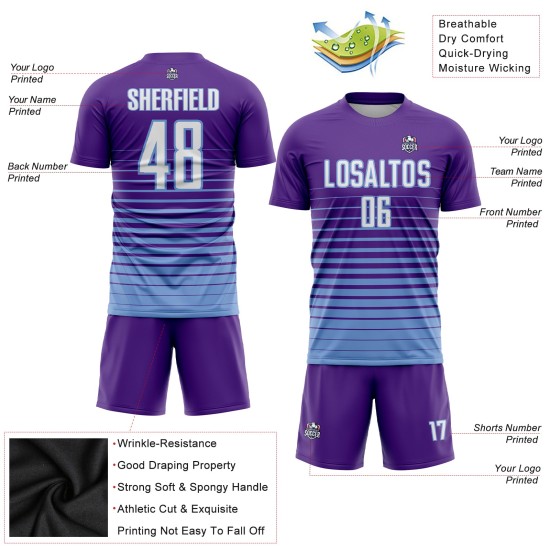 Maillot de football à sublimation, violet, rayures fines, bleu, personnalisé, blanc et léger Maillot de football à sublimation, violet, rayures fines, bleu, personnalisé, blanc et léger