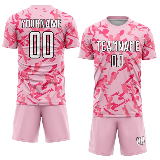 Maillot rose clair personnalisé motif géométrique abstrait uniforme de football noir-rose motif sublimation Maillot rose clair personnalisé motif géométrique abstrait uniforme de football noir-rose motif sublimation