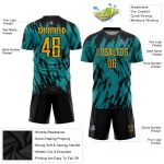 Maillot de football personnalisé à sublimation dorée, noir et bleu sarcelle