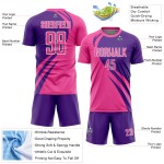 Maillot rose, lignes de sublimation, uniforme de football personnalisé violet-blanc