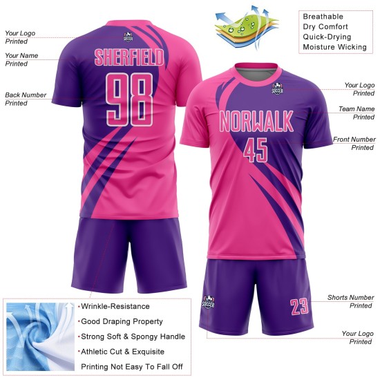 Maillot rose, lignes de sublimation, uniforme de football personnalisé violet-blanc