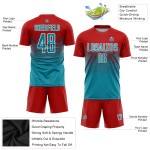 Maillot de football personnalisé rouge sublimé bleu sarcelle-blanc