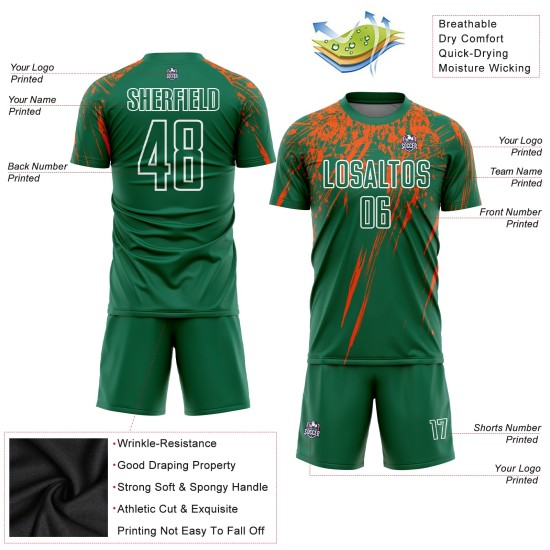 Maillot de football personnalisé Kelly, uniforme vert, orange et blanc, sublimation Maillot de football personnalisé Kelly, uniforme vert, orange et blanc, sublimation