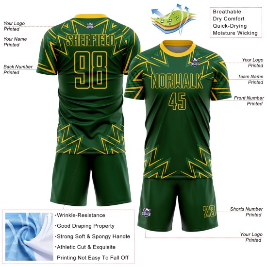 Maillot de football géométrique jaune à sublimation personnalisée, formes uniformes, vert Maillot de football géométrique jaune à sublimation personnalisée, formes uniformes, vert