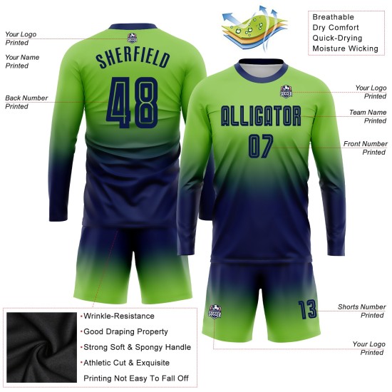 Maillot de football personnalisé à manches longues, dégradé par sublimation, vert fluo, bleu marine