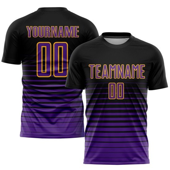 Maillot de football personnalisé à rayures fines, violet et or, à la mode, noir, par sublimation Maillot de football personnalisé à rayures fines, violet et or, à la mode, noir, par sublimation