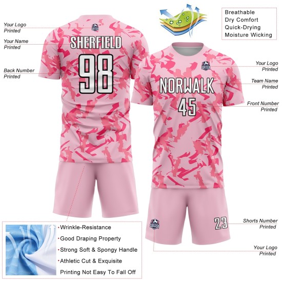 Maillot rose clair personnalisé motif géométrique abstrait uniforme de football noir-rose motif sublimation Maillot rose clair personnalisé motif géométrique abstrait uniforme de football noir-rose motif sublimation