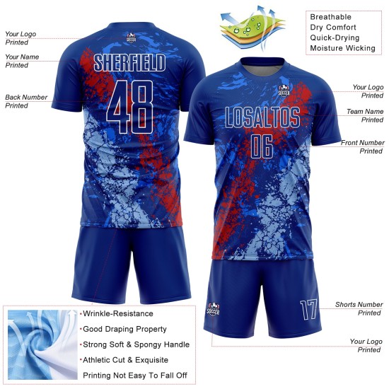 Maillot de football personnalisé Art Blue Splatter, sublimation, Royal Dripping, rouge-clair