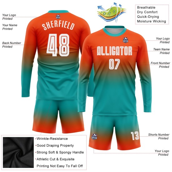 Maillot de football orange à manches longues, blanc et turquoise, à la mode, sublimation, dégradé long, personnalisé