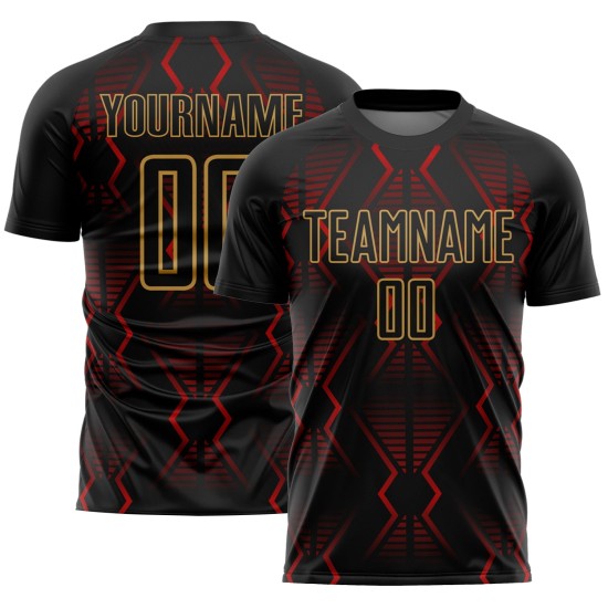 Maillot de football géométrique personnalisé rouge et ancien, sublimation, formes noires et dorées